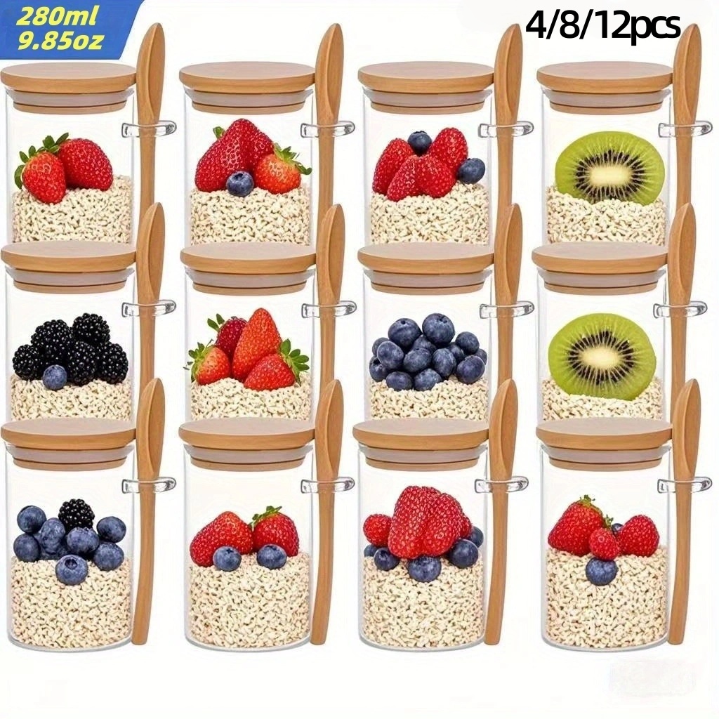 Meal Prep Jars With Lids - 4/8/12 قطعة، أكواب إفطار الشوفان مع